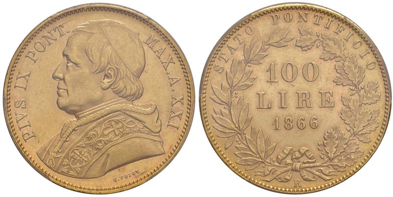 Pio IX (1846-1870) 100 Lire 1866 A. XXI – Nomisma 617 AU RR In slab PCGS MS63. C...