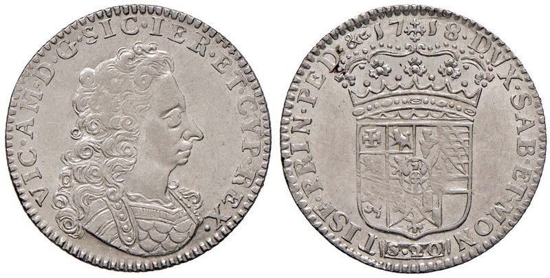 Vittorio Amedeo II (1680-1730) Lira 1718 – MIR 886b AG (g 6,14) RR Conservazione...
