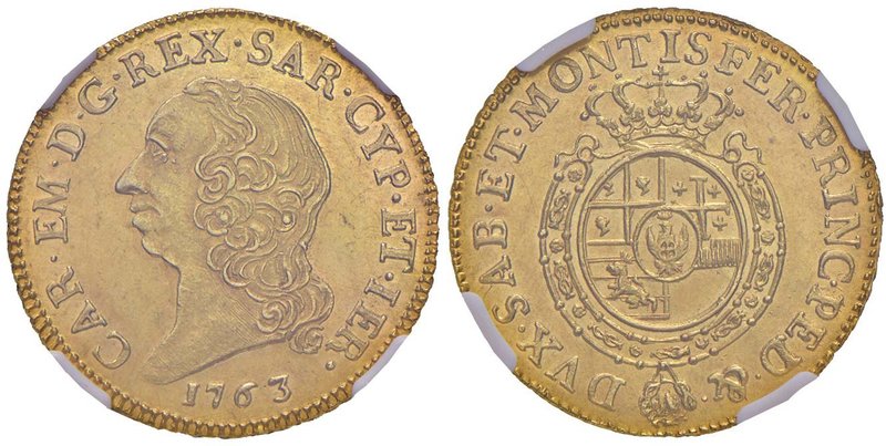 Carlo Emanuele III (1730-1773) Doppia 1763 – Nomisma 119; MIR 943h AU RR In slab...