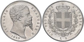 Vittorio Emanuele II re eletto (1859-1861) 5 Lire 1859 B – Nomisma 823 AG RR Conservazione eccezionale con i fondi speculari

FDC