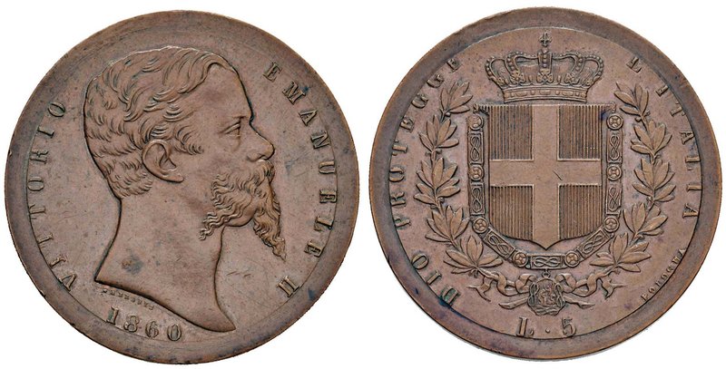 Vittorio Emanuele II re eletto (1859-1861) 5 Lire 1860 B prova in rame o bronzo,...