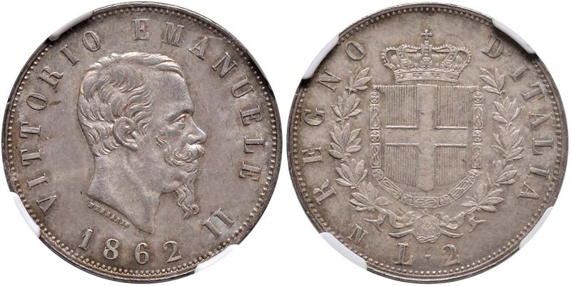 Vittorio Emanuele II (1861-1878) 2 Lire 1862 N – Nomisma 904 AG RR In slab NGC M...
