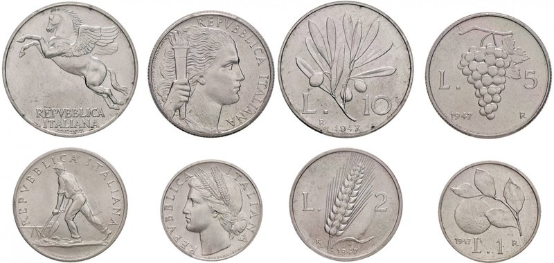 REPUBBLICA ITALIANA 10, 5, 2 e Lira 1947 – IT RR Lotto di quattro monete tutte i...