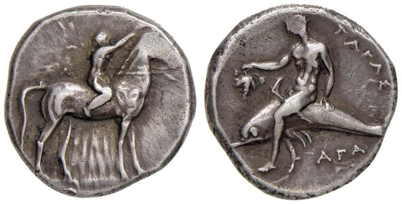 CALABRIA Taranto Didramma (circa 281-270 a.C.) Cavaliere a d. incorona il propri...