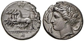 SICILIA Siracusa - Tetradramma (tempo di Agatocle, circa 310-305 a.C.) Testa di Aretusa a s. – R/ Quadriga a S., in alto, triscele – SNG ANS 638 AG (g...
