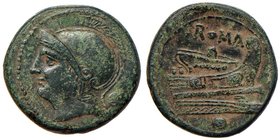 Anonime - Oncia (217-215 a.C.) Testa elmata di Roma a s. - R/ Prua a d. – Cr. 38/6 Æ (g 12,48) Bellissimo esemplare con patina compatta

BB+
