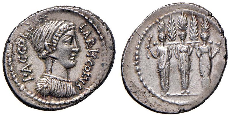 Accoleia – P. Accoleius Lariscolus – Denario (43 a.C.) Busto di Acca Larentia a ...