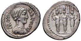 Accoleia – P. Accoleius Lariscolus – Denario (43 a.C.) Busto di Acca Larentia a d. – R/ Le tre statue delle ninfe Querquetulanee – B. 1; Cr. 486/1 AG ...