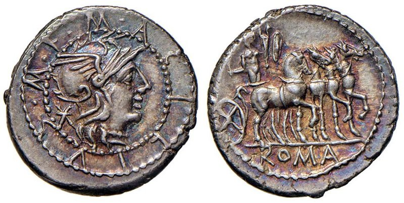 Acilia – M. Acilius M. f. – Denario (130 a.C.) Testa di Roma a d. – R/ Ercole su...