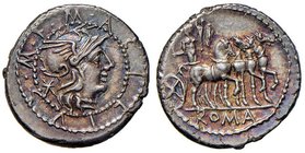 Acilia – M. Acilius M. f. – Denario (130 a.C.) Testa di Roma a d. – R/ Ercole su quadriga a d. – B. 4; Cr. 255/1 AG (g 4,00) Splendida patina iridesce...