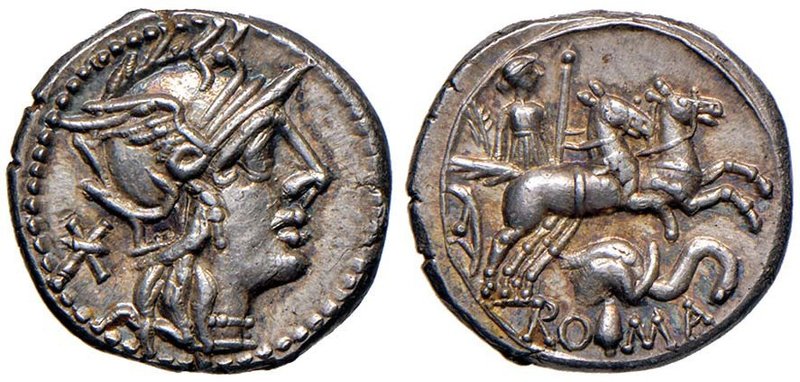Caecilia – Anonime – Denario (96 a.C.) Testa di Apollo a d. – R/ Roma incoronata...