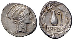 Caecilia – Q. Caecilius Metellus Pius Scipio Imperator - Denario (81 a.C.) Testa della Pietà a d. – R/ Strumenti sacrificali in corona d’alloro – B. 4...