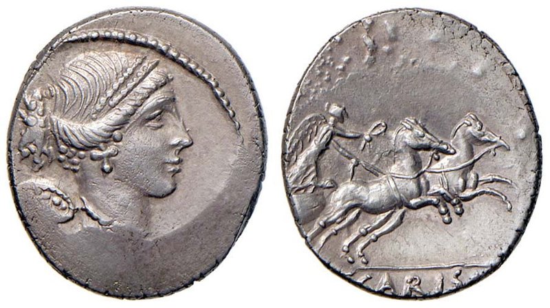 Carisia – T. Carisius - Denario (46 a.C.) Busto della Vittoria a d. – R/ La Vitt...
