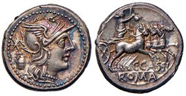 Cassia – C. Cassius – Denario (126 a.C.) Testa di Roma a d. – R/ La Libertà su quadriga a d. – B. 1; Cr. 266/1 AG (g 3,86) Conservazione eccezionale c...