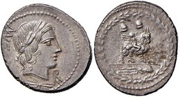 Fonteia – Mn. Fonteius C. f. - Denario (85 a.C.) Testa di Apollo a d., davanti, monogramma - R/ Genio su capra a d. – B. 9; Cr. 353/1a AG (g 4,00) Con...