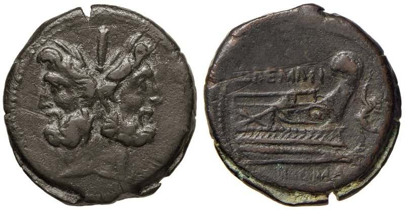 Memmia – L. Memmius Galeria - Asse (106 a.C.) Testa di Giano - R/ Prua a d. orna...