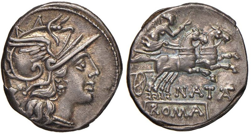 Pinaria – Pinarius Natta - Denario (149 a.C.) Testa di Roma a d. - R/ La Vittori...