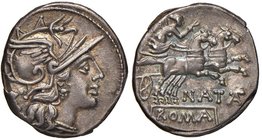 Pinaria – Pinarius Natta - Denario (149 a.C.) Testa di Roma a d. - R/ La Vittoria su biga a d. – B. 1; Cr. 208/1 AG (g 3,30) Patina iridescente

SPL...