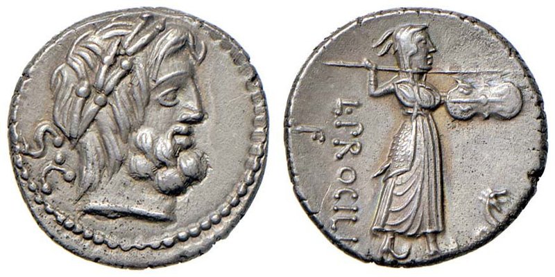 Procilia – L. Procilius - Denario (80 a.C.) Testa di Giunone Sospita a d. - R/ G...
