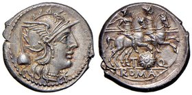 Quinctia – Ti. Quinctius Flaminius - Denario (126 a.C.) Testa di Roma a d. - R/ I Dioscuri a cavallo a d., sotto, scudo macedone – B. 2; Cr. 267/1 AG ...