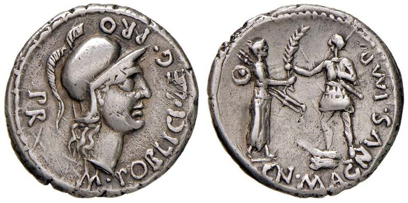 Pompeo Magno - Denario (46-45 a.C.) Testa di Roma a d. - R/ Pompeo accetta una p...