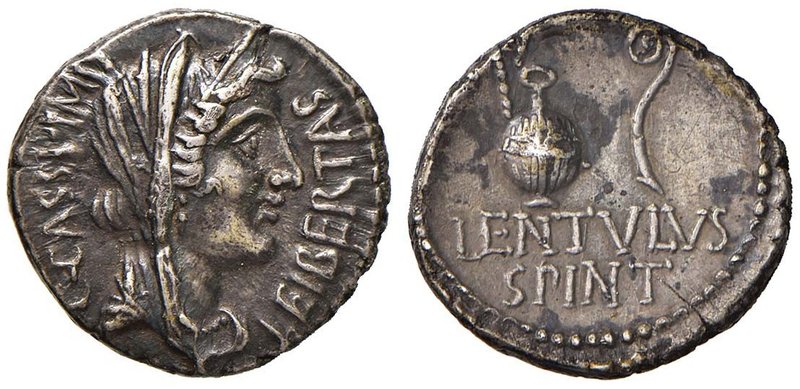 C. Cassius Longinus - Denario (42 a.C., zecca itinerante in Oriente, con P. Corn...