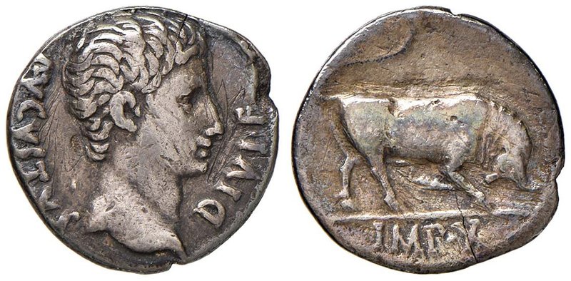 Augusto (27 a.C.-14 d.C) Denario (Lugdunum) Testa a d. - R/ IMP X, toro cozzante...