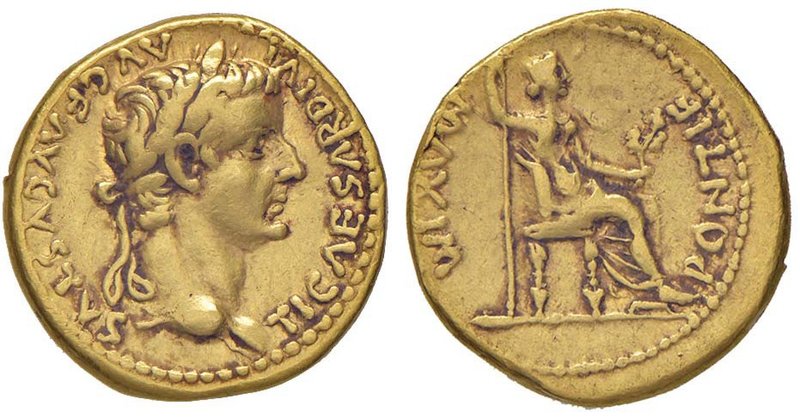 Tiberio (14-37) Aureo (Lugdunum) Testa laureata a d. - R/ Livia seduta a d. – RI...