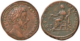 Marco Aurelio (161,180) Sesterzio - Testa laureata a d. - R/ La Giustizia seduta a s. – RIC 969 AE (g 26,28)

BB
