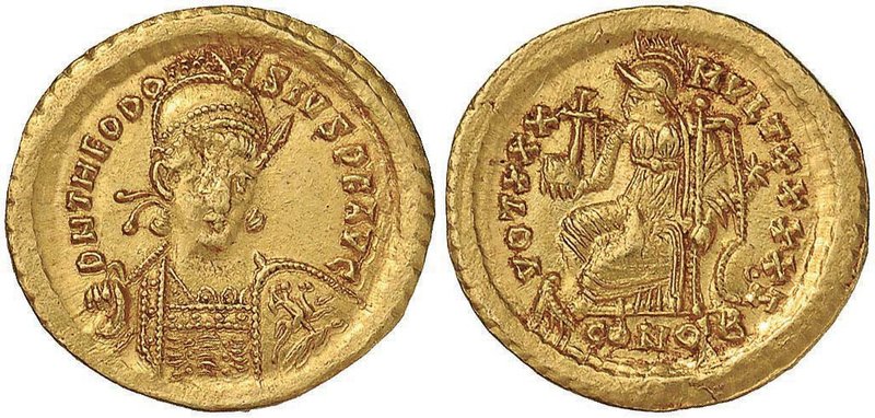 Teodosio II (408-450) Solido (Costantinopoli) Busto elmato di fronte - R/ Costan...