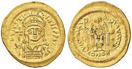 Giustiniano I (527-565) Solido (Costantinopoli) Busto elmato di fronte - R/ Angelo stante di fronte – Sear 140 AU (g 4,46) Graffito al R/

SPL/BB+