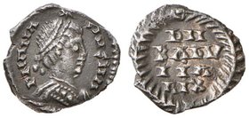 Baduila (541-552) Monetazione a nome di Anastasio – Mezza siliqua (Ticinum) Busto diademato a d. – R/ Scritta in corona – MEC 153 AG (g 0,68) RR Metal...