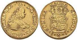 CILE Fernando VI (1746-1760) 4 Escudos 1749 Santiago – Fr. 6 AU (g 31,48) Colpetti nel campo del D/

BB