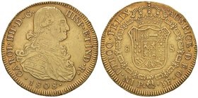 COLOMBIA Carlo IV (1788-1808) 8 Escudos 1808 P – Fr. 52 AU (g 27,00) Piccole screpolature sulla guancia al D/

BB