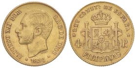FILIPPINE Alfonso XII 4 Pesos 1882 – Fr. 4 AU (g 6,79) RR 

BB/BB+