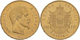 FRANCIA Napoleone III (1852-1870) 100 Franchi 1858A – Gad. 1135 AU (g 32,32) Minimi graffietti al D/ su bei fondi lucenti

SPL+