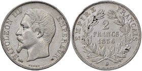FRANCIA Napoleone III (1852-1870) 2 Franchi 1856 D – Gad. 523 AG (g 10,00) Colpo al bordo, depositi neri al R/

BB