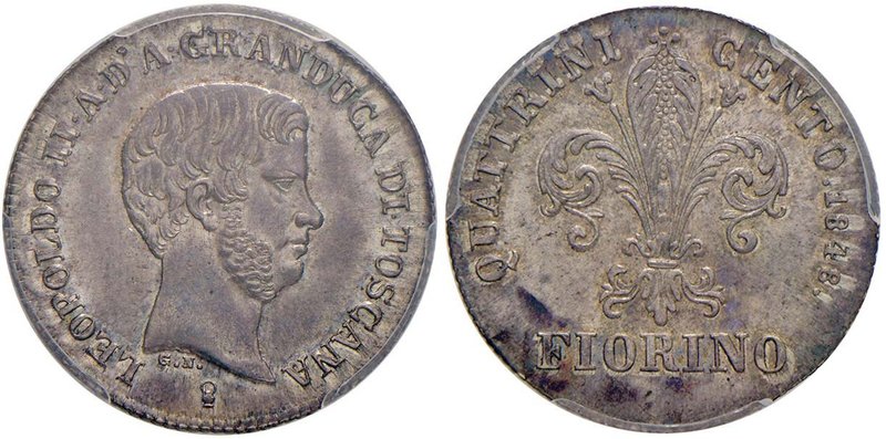 FIRENZE Leopoldo II (1824-1859) Fiorino 1848 – MIR 453/4 AG In slab PCGS MS64. C...