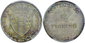 FIRENZE Leopoldo II (1824-1859) Mezzo fiorino e quarto di fiorino 1827 – MIR 454, 455 AG RR Lotto di due monete entrambe in slab PCGS MS65 e MS65+. Co...