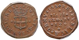 GENOVA Dogi biennali (1528-1797) 12 Denari 1671 ISS – CU In slab PCGS AU58. Conservazione eccezionale per questa tipologia di moneta, rame rosso

SP...