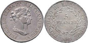 LUCCA Elisa Bonaparte e Felice Baciocchi (1805-1814) 5 Franchi 1807 – Gig. 4 AG Bellissimo esemplare

qFDC