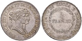 LUCCA Elisa Bonaparte e Felice Baciocchi (1805-1814) 5 Franchi 1808 8 ribattuto su 7 – MIR 244/4 AG (g 24,94) RR Graffietti al D/ e al R/, busti rari,...