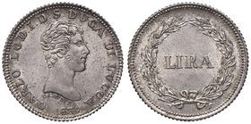 LUCCA Carlo Lodovico di Borbone (1824-1847) Lira 1834 – MIR 257/2 AG (g 5,00) Conservazione eccezionale per questo tipo di moneta

FDC