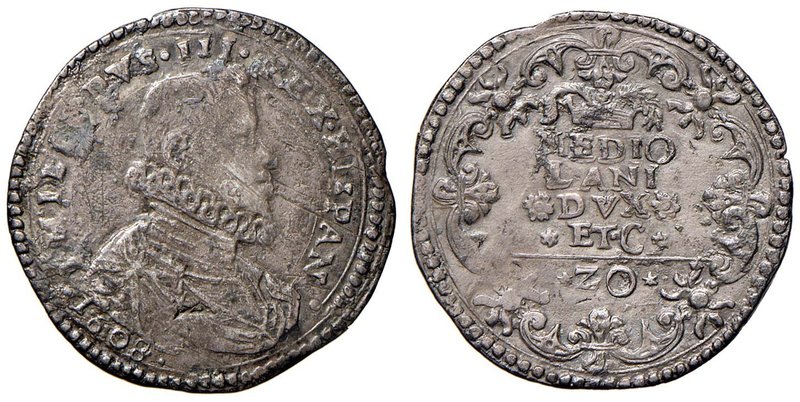 MILANO Filippo III (1598-1621) 20 Soldi 1608 – MIR 349/2 AG (g 5,16) RR Graffi e...