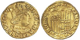 NAPOLI Ferdinando I d’Aragona (1458-1494) Ducato sigla T – MIR 64/8 AU (g 3,50) R Ondulazioni del tondello 

qSPL