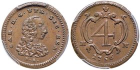 NAPOLI Carlo di Borbone (1734-1759) 4 Cavalli 1756 – Magliocca 173 CU In slab PCGS MS64BN. Conservazione eccezionale in rame rosso

FDC