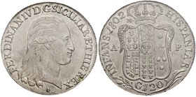NAPOLI Ferdinando IV (1759-1816) Piastra 1802 – Magliocca 379 (indicata R/3) AG RRR In slab PCGS AU58. Conservazione eccezionale per questo rarissimo ...