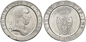 NAPOLI Ferdinando IV (1759-1816) Piastra 1805 Capelli lisci – Magliocca 391 AG (g 27,68) Screpolatura al bordo ad h 7 del D/, esemplare di conservazio...