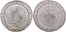 NAPOLI Ferdinando IV (1759-1816) Piastra 1805 Capelli lisci – Magliocca 391 AG In slab PCGS MS63. Conservazione eccezionale con i fondi speculari

F...