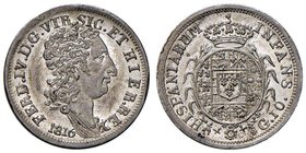 NAPOLI Ferdinando IV (1815-1816) Carlino 1816 – Magliocca 434 AG (g 2,32) Conservazione eccezionale con i fondi a specchio, moneta rarissima in questa...